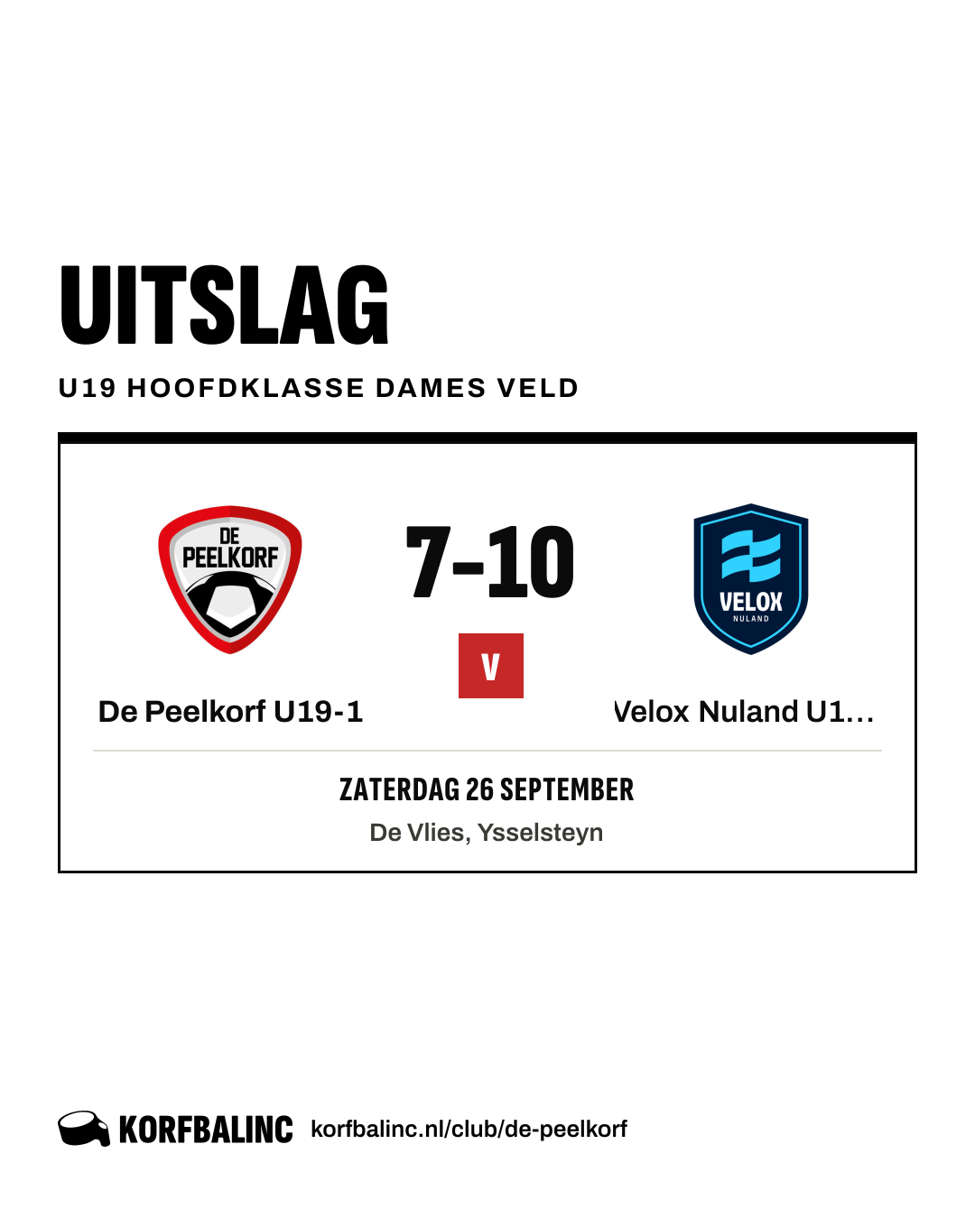 De Peelkorf U19-1 - Velox Nuland U19-1