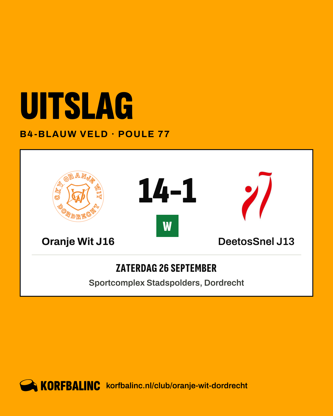 Oranje Wit J16 - DeetosSnel J13