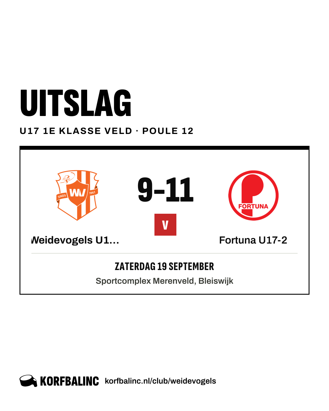 Weidevogels U17-1 - Fortuna U17-2